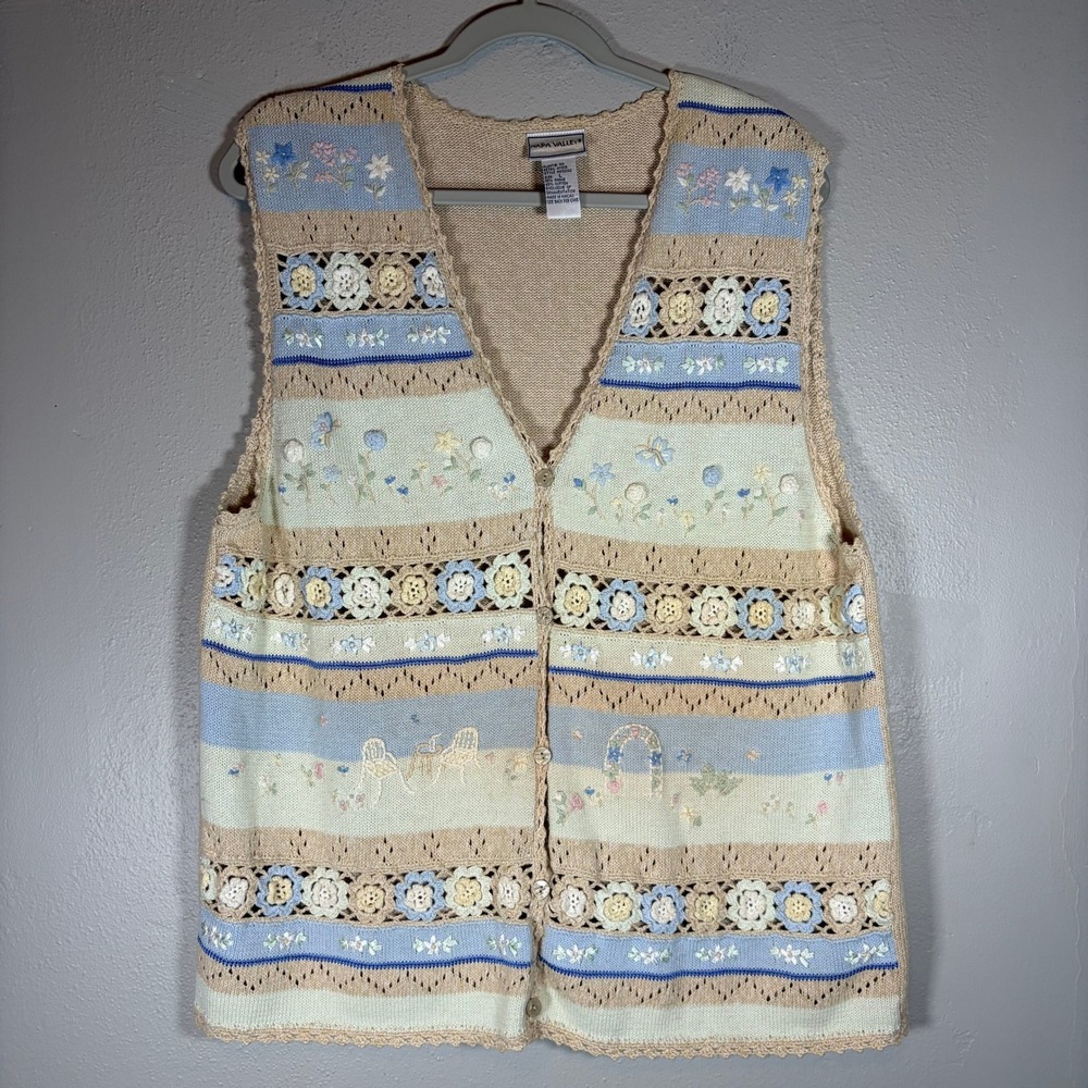 Vintage Floral Crochet Knit Button Front Vest Tan Blue MK30V92 Large grandmacore